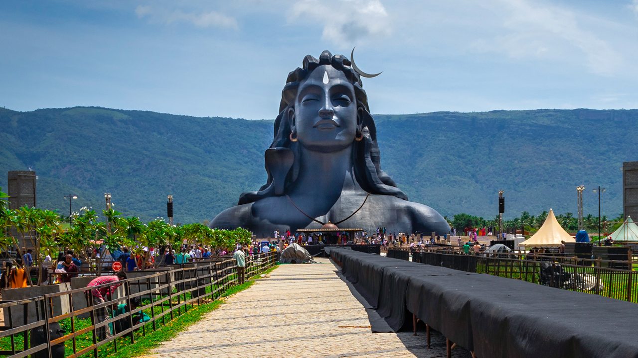 adiyogi lord shiva statue from unique different angles image is taken at coimbatore india showing the god statue in mountain and sky background. This is the symbol of faith in God.