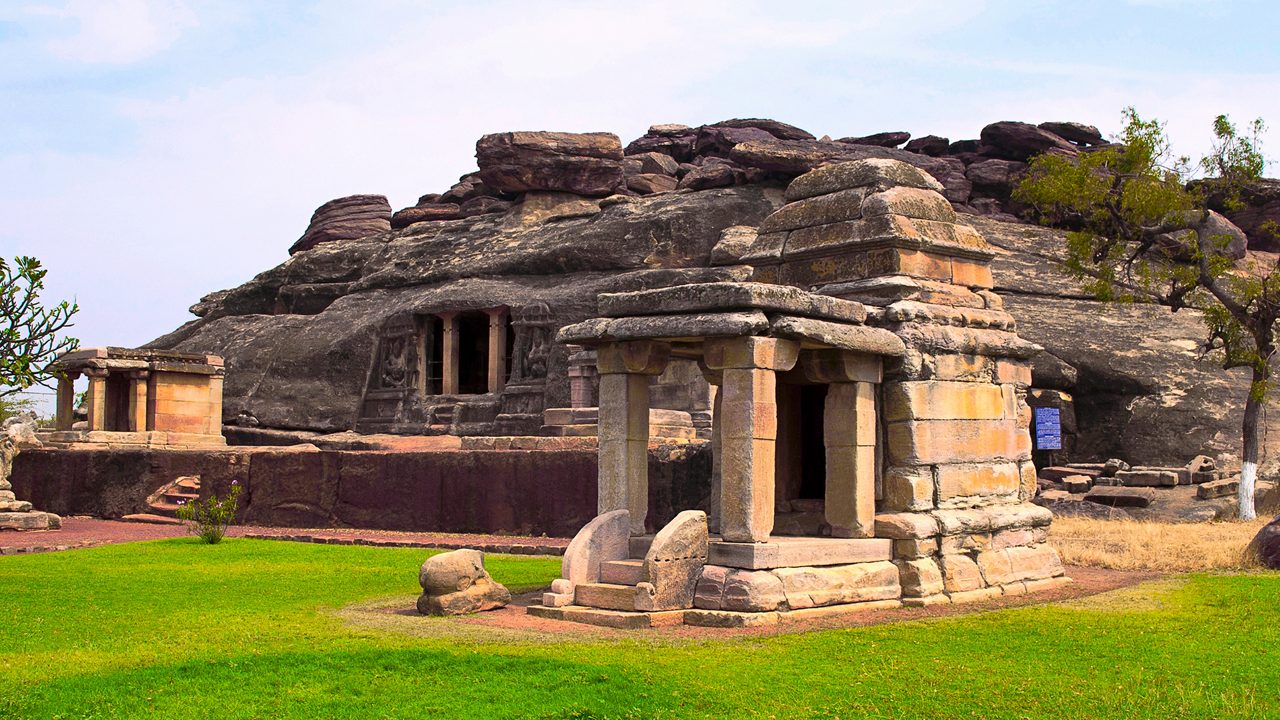 Front view of Ravanaphadi rock-cut temple, Aihole, Bagalkot, Karnataka.