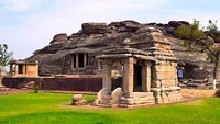 Front view of Ravanaphadi rock-cut temple, Aihole, Bagalkot, Karnataka.