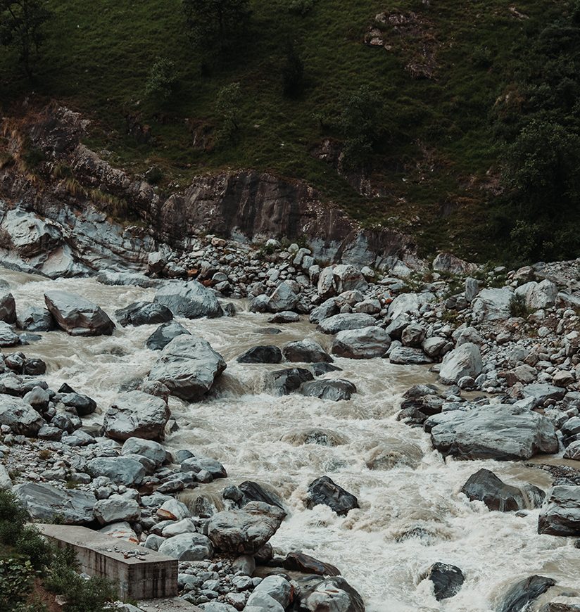 View of the Alaknanda River flowing in Badrinath, Uttarakhand, India