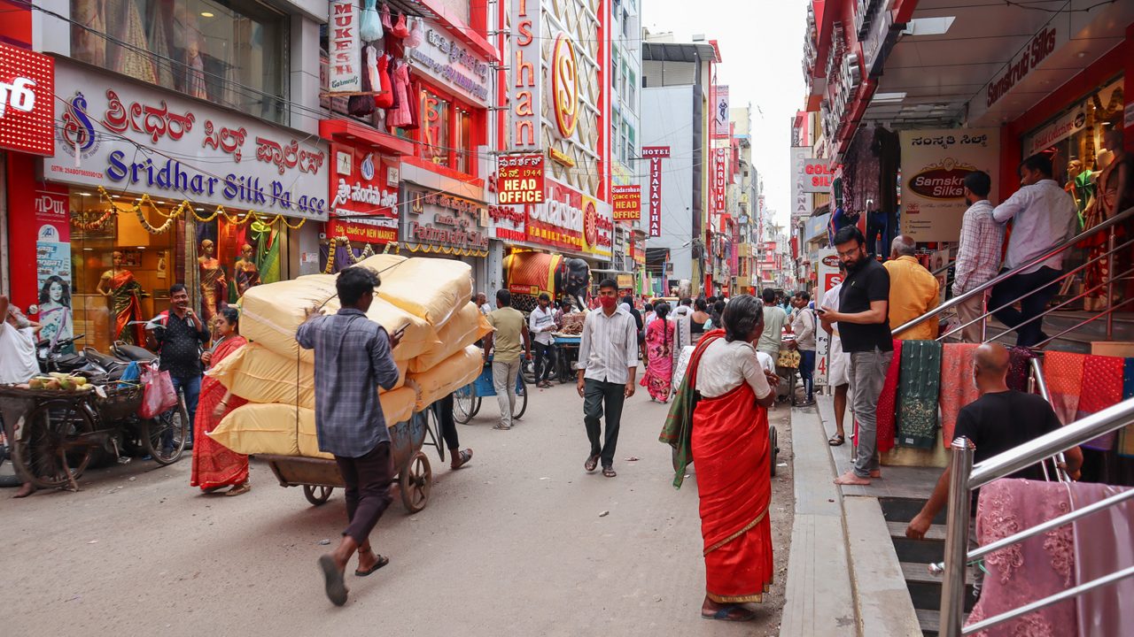 Bangalore, Karnataka, India-September 27 2022; A Street picture of the famous Bazaar known as Chickpet during the business hour at Bangalore city in Karnataka, India.