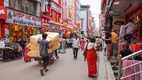 Bangalore, Karnataka, India-September 27 2022; A Street picture of the famous Bazaar known as Chickpet during the business hour at Bangalore city in Karnataka, India.