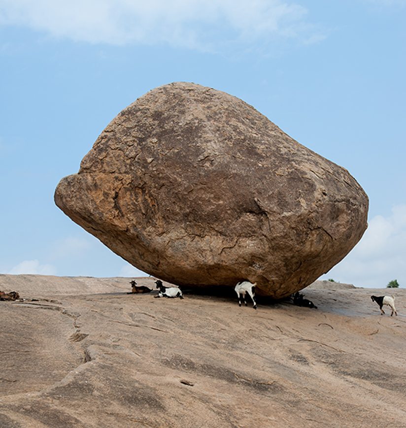 Krishna's butterball, the giant natural balancing rock in Mahabalipuram, Tamil Nadu, India