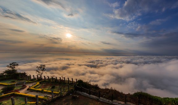 Beautiful sunrise from Nandi Hills with ocean of snow, Nandi Hills,  Bengaluru or Bangalore.