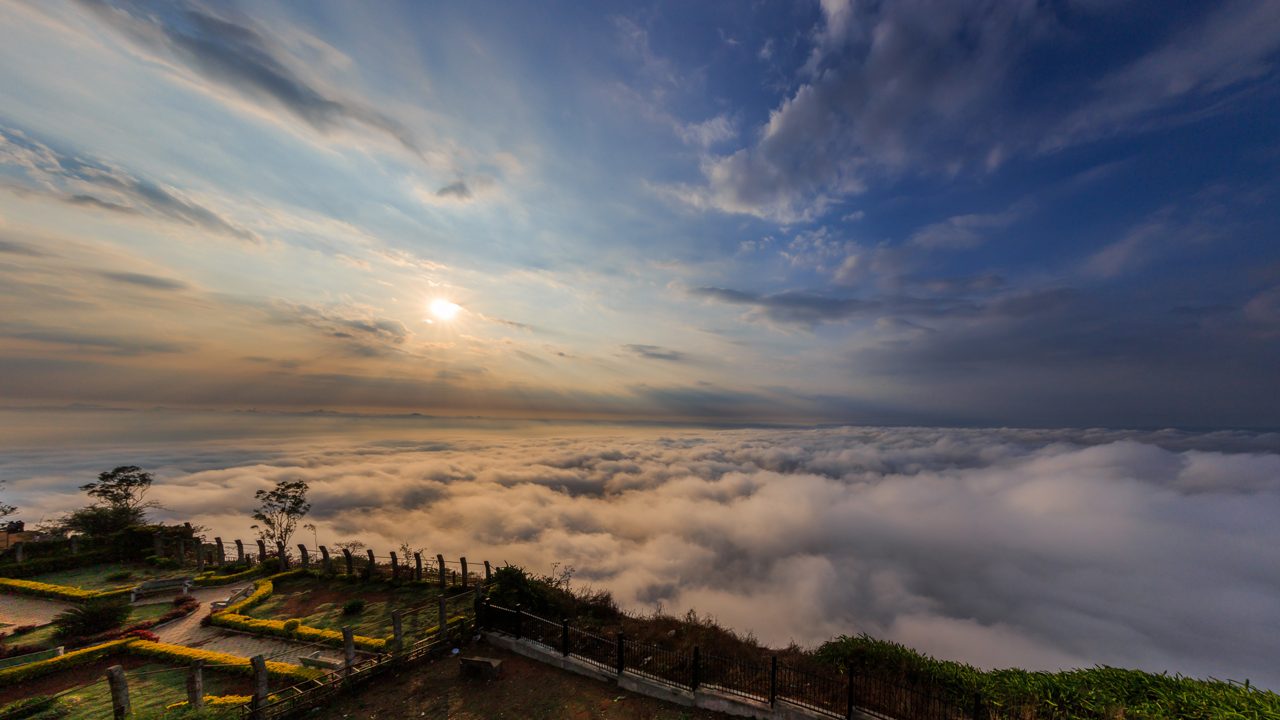 Beautiful sunrise from Nandi Hills with ocean of snow, Nandi Hills,  Bengaluru or Bangalore.