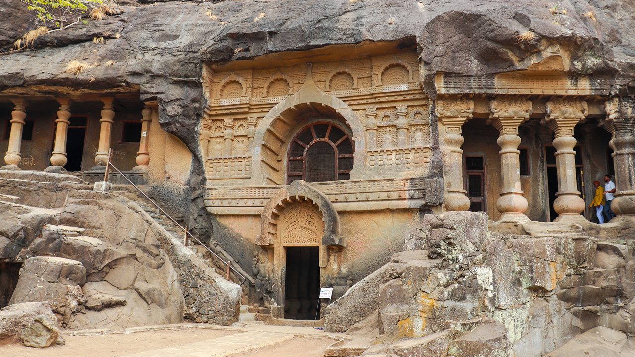 Front view or facade of Nasik Caves aka Pandavleni Caves, Pandu Lena, Pandu Caves or Trirashmi Leni were built by Hinayana Buddhists in 3rd century BC. Nashik tourism.