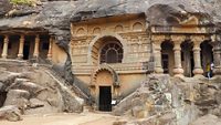 Front view or facade of Nasik Caves aka Pandavleni Caves, Pandu Lena, Pandu Caves or Trirashmi Leni were built by Hinayana Buddhists in 3rd century BC. Nashik tourism.