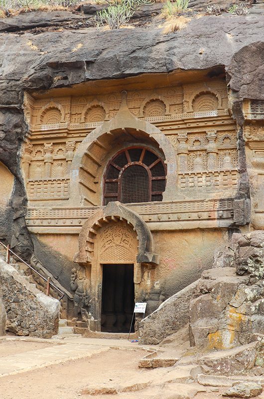 Front view or facade of Nasik Caves aka Pandavleni Caves, Pandu Lena, Pandu Caves or Trirashmi Leni were built by Hinayana Buddhists in 3rd century BC. Nashik tourism.