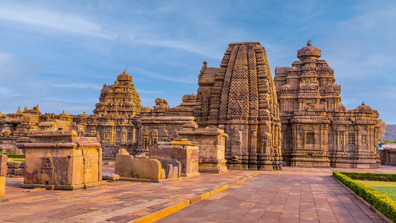 Pattadakal, Karnataka, India - April 24 2013: The temples and shrines at Pattadakal temple complex,  dating to the 7th â€“ 8th century, the early Chalukya period.