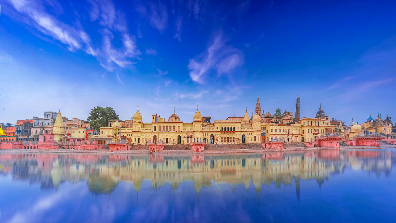 Ayodhya panoramic view showing temples and Saryu River