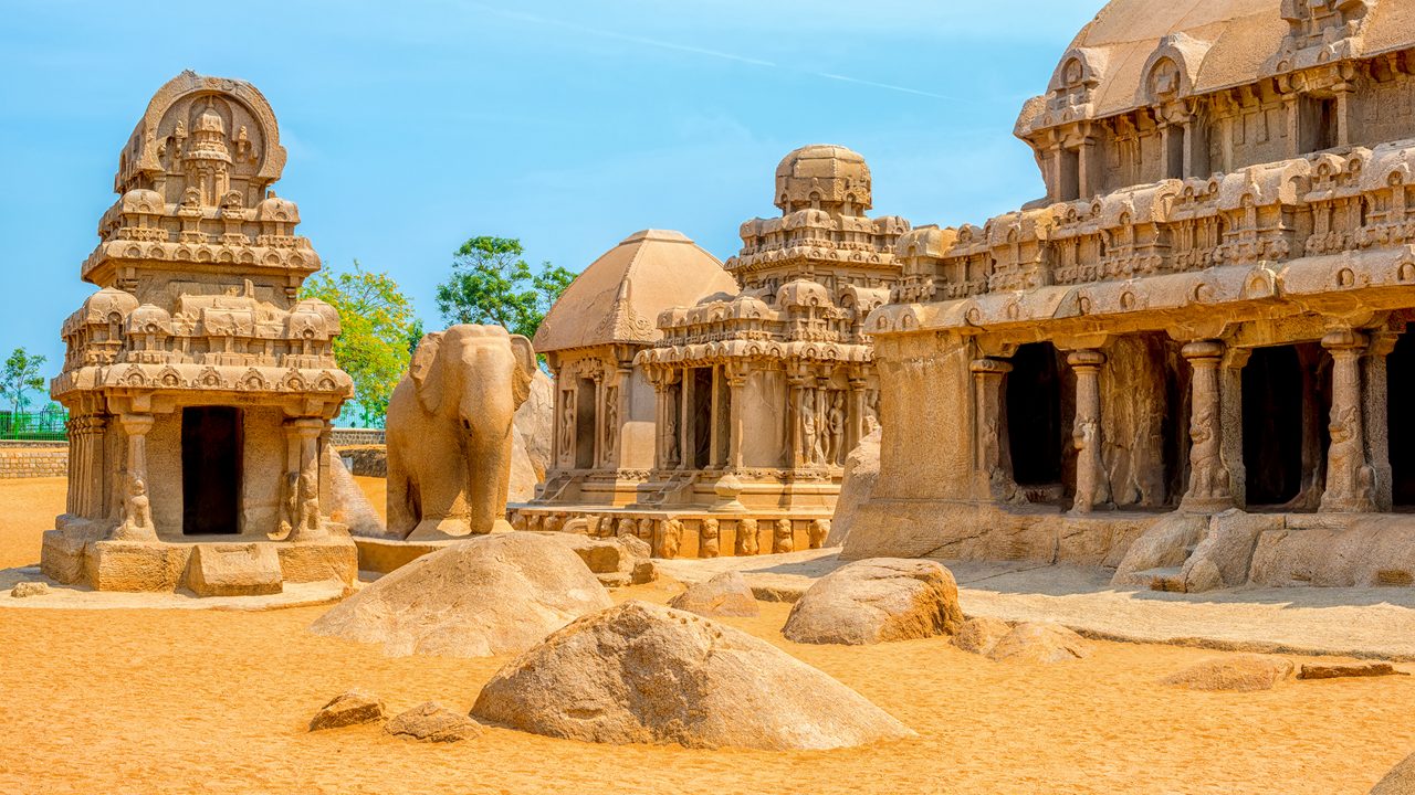 ancient Hindu monolithic Indian sculptures rock-cut architecture Pancha Rathas - Five Rathas, Mahabalipuram, Tamil Nadu, South India