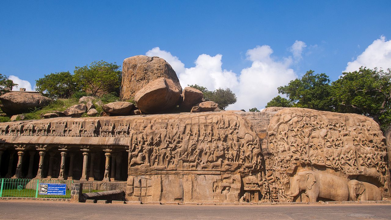 Arjuna's Penance a large rock carving in Mahabalipuram, Tamil Nadu, India.