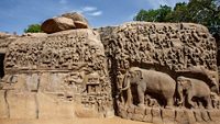 Mahabalipuram, Arjuna's Penance, Largest Bas Relief in India, Arjuna's Penance, Descent of the Ganges, Over 150 sculptures in one relief carved in the 8th Century AD. 