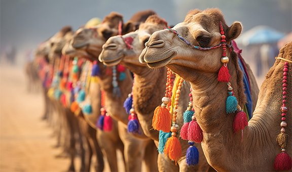 A row of beautifully adorned camels during a desert festival, Indian culture, Indian Generative AI
