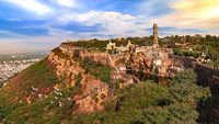 Panoramic view of the historic Chittorgarh Fort at Rajasthan at sunset. Chittor Fort is a UNESCO World Heritage site and one of the largest forts in India.