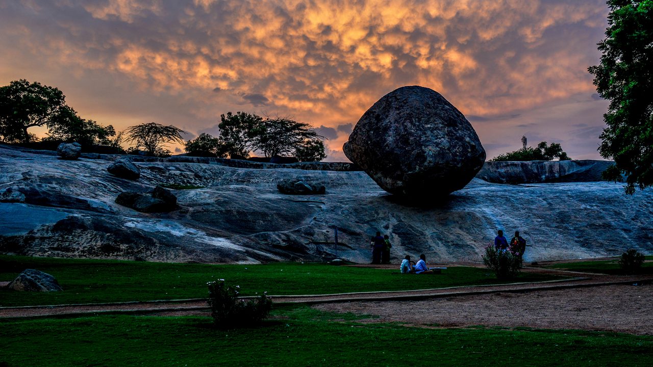 Krishna's butterball has sat in the same spot for the last 1200 years. AMAZING. Its located in India's sculptural capital,  Mahabalipuram. I shot it during sunset but was scared it'd roll right on me.