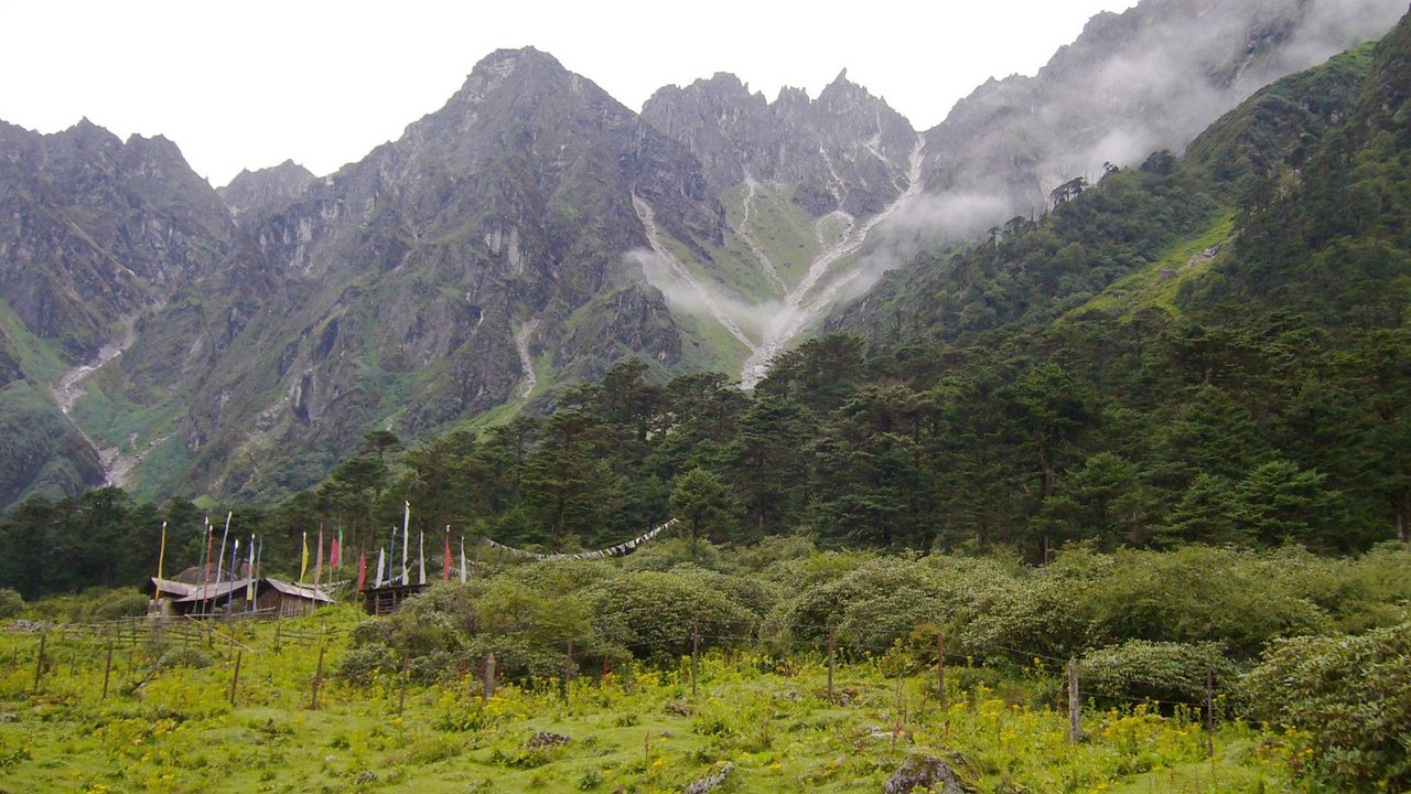 The mist covered craggy snow-melted mountains during monsoon look mesmerizing at Yumthang Valley situated at 12,000 ft altitude in Sikkim, India. 