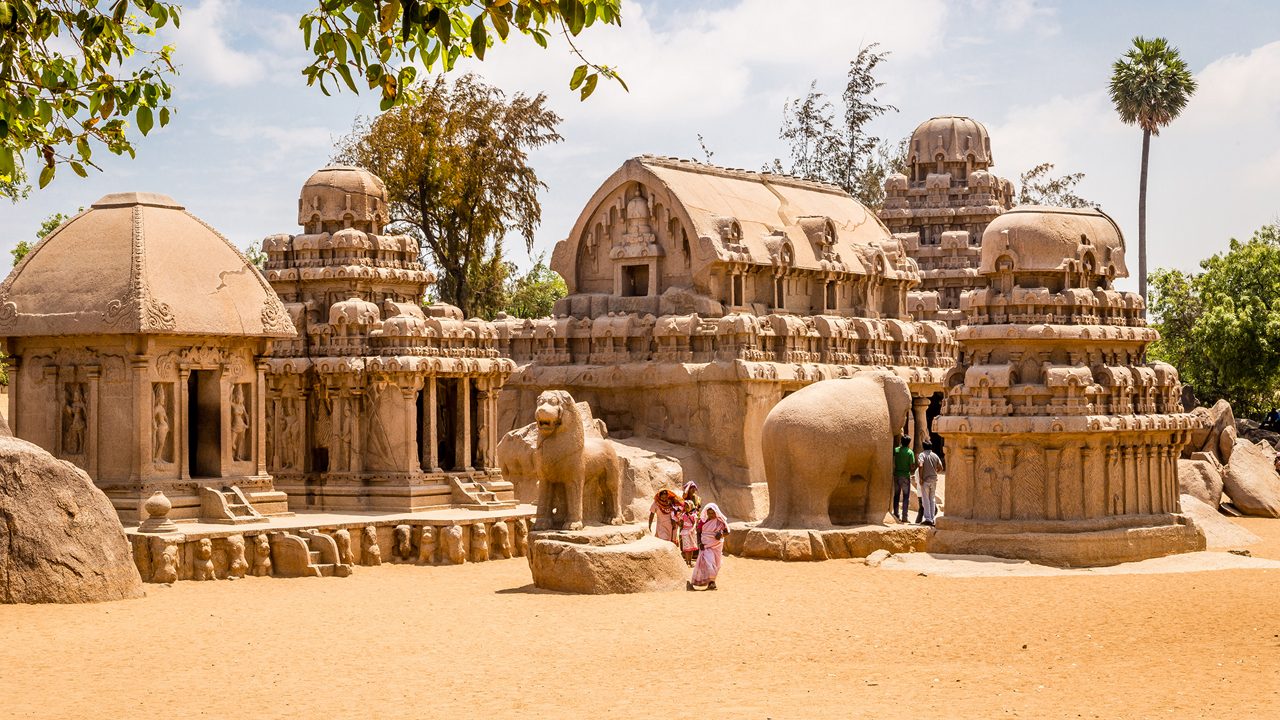 Ancient Hindu monolithic,  Pancha Rathas - Five Rathas, Mahabalipuram, Tamil Nadu, India