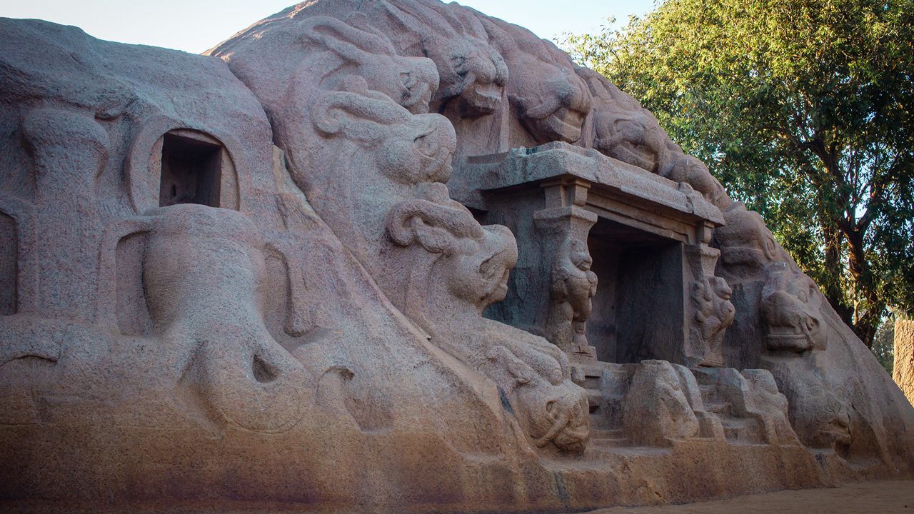 View of the Tiger Cave which is a rock-cut Hindu temple complex in Mahabalipuram, India 