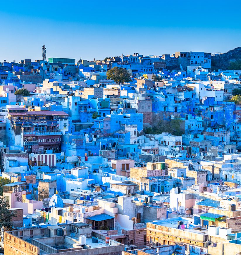 Jodhpur, the Blue City, Rajasthan, India, Blue houses at sunset in Jodhpu.