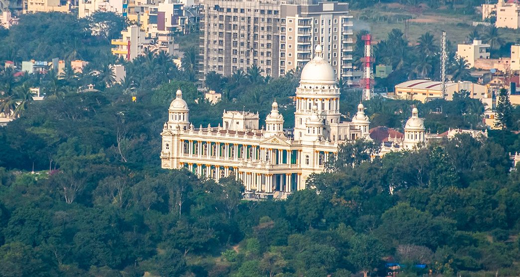 An arial view of Mysore with the view of Lalith Mahal from hills of Chamundi Hills