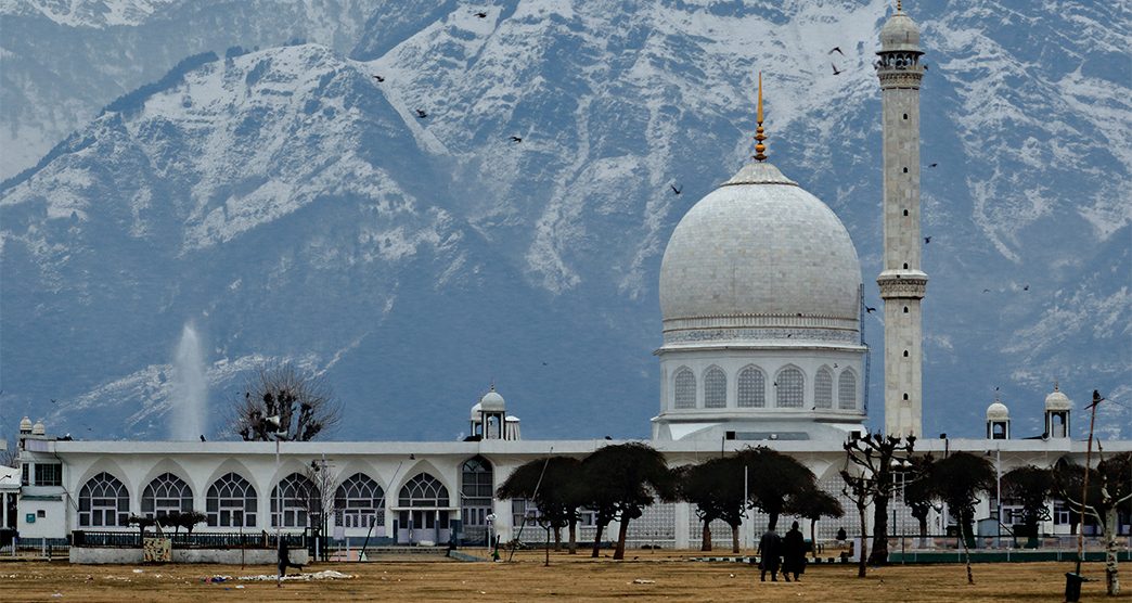 Dargah Hazratbal shrine is famous for muslim devotees in Srinagar Kashmir. Thousands of devotees each day visit this shrine to have glimpse of holy relic of Prophet(PBUH).; Shutterstock ID 1329838172; purchase_order: -; job: -; client: -; other: -