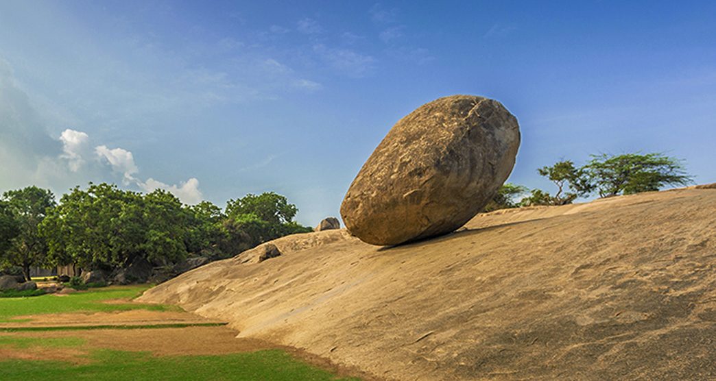 Krishna's butterball, the giant natural balancing rock in Mahabalipuram, Tamil Nadu, India