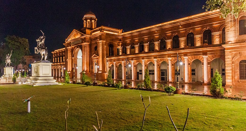 Night view of the Partition museum building at the town hall in Amritsar, India