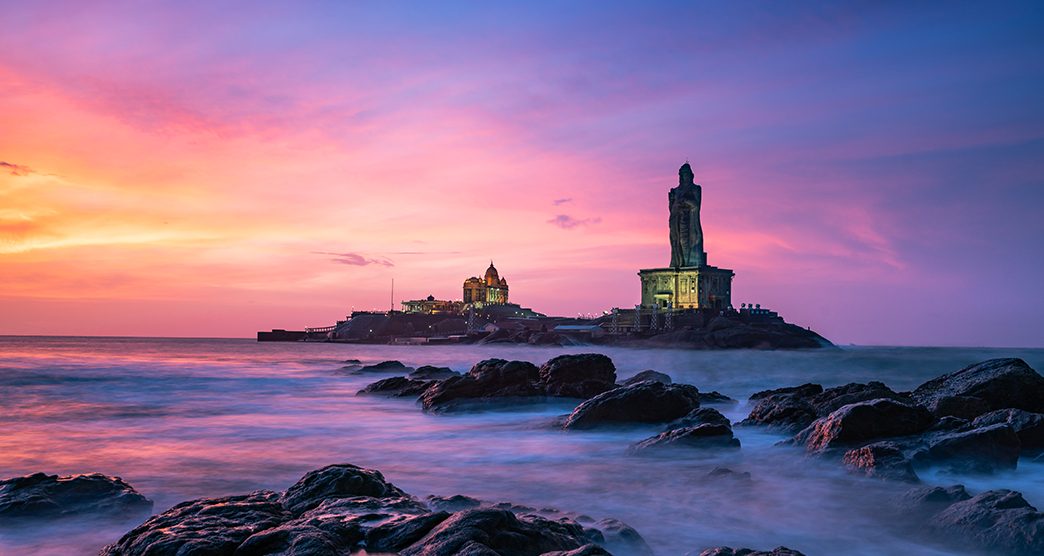 Kanyakumari - Vivekananda Rock Memorial & Thiruvalluvar Statue photographs while sunrise. Aerial Photos of Vivekananda Rock & Thiruvalluvar Statue, Kanyakumari