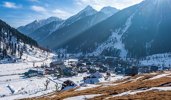 The winter scene in the village of ARU, in the Lidder valley of Kashmir near Pahalgam , India.