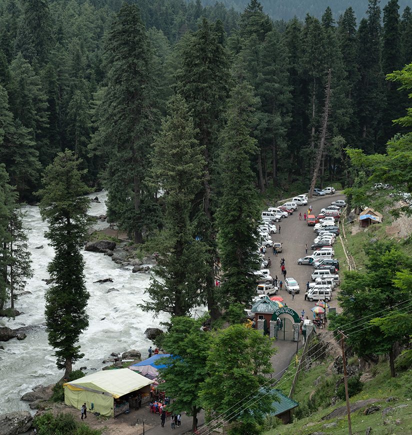 River and parking at Betaab valley near Pahalgam, Jammu Kashmir, India