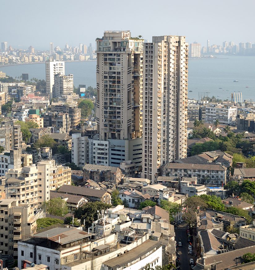 Aerial view of south Mumbai's skyline where old, heritage structures stand cheek by jowl with ultra modern skyscrapers and towers. View covers till luxurious Marine Drive, Nariman Pt and Cuffe Parade