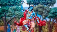 India, Vrindavan, Dancing Krishna. Sculpture at Prem Mandir temple is maintained by Jagadguru Kripalu Parishat, an international non-profit, educational, spiritual, charitable trust.