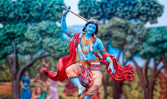 India, Vrindavan, Dancing Krishna. Sculpture at Prem Mandir temple is maintained by Jagadguru Kripalu Parishat, an international non-profit, educational, spiritual, charitable trust.