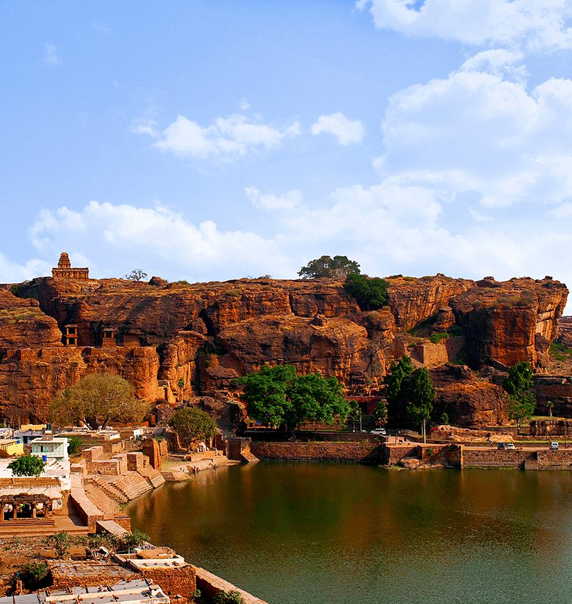 View of Agastya Lake and Badami fort, North, from cave 3, Badami, Karnataka.