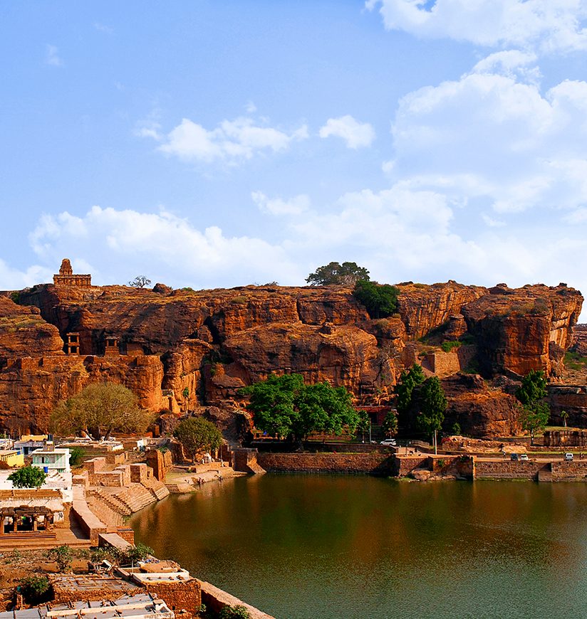 View of Agastya Lake and Badami fort, North, from cave 3, Badami, Karnataka.