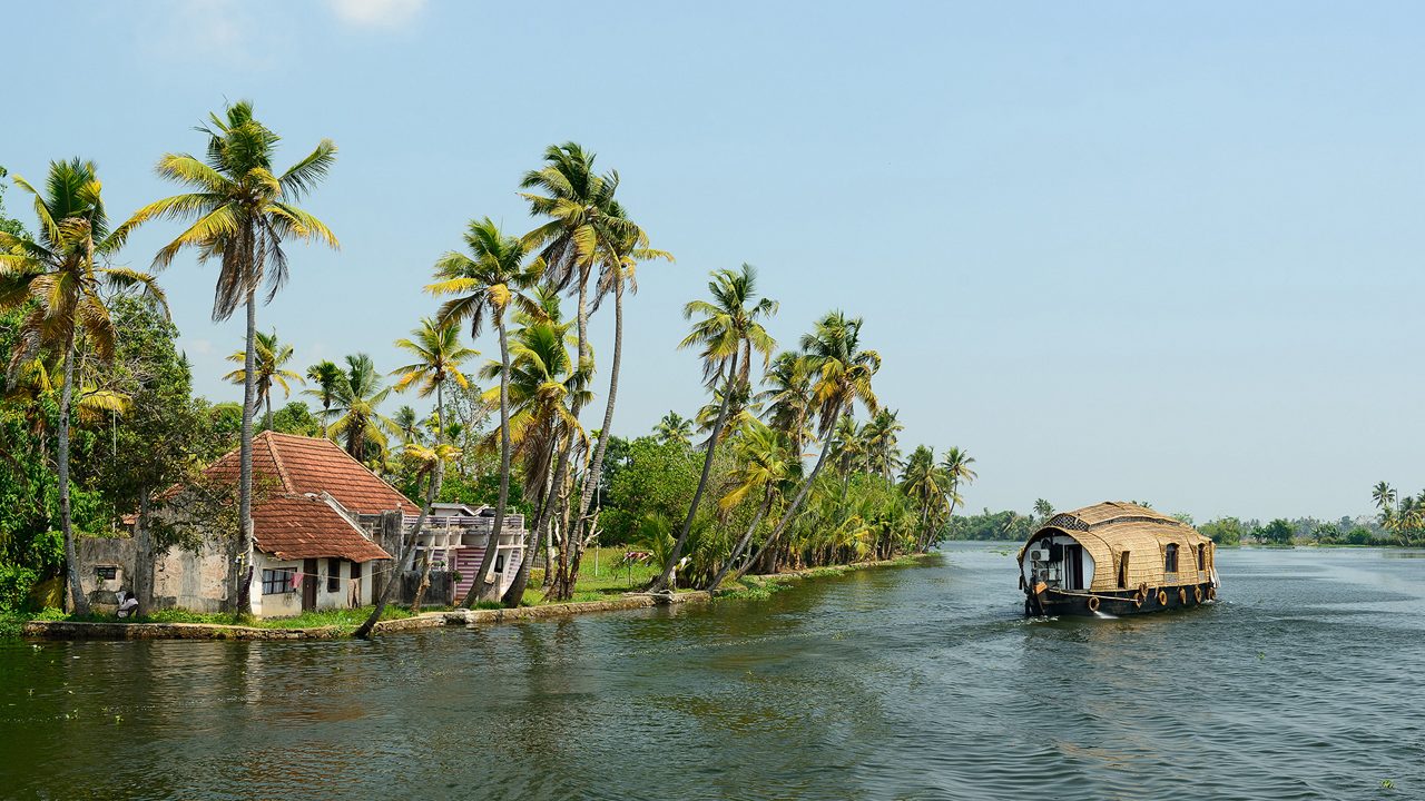 India, Coco trees reflection and beautifoull house boat at back waters of Kerala
