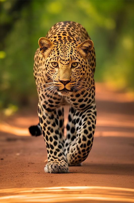 Leopardv on the road of a forest.