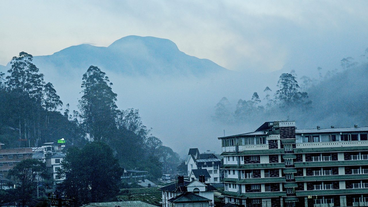 An evening view from Munnar of Anamudi Peak, the tallest mountain in South India at an elevation of 2,695 metres