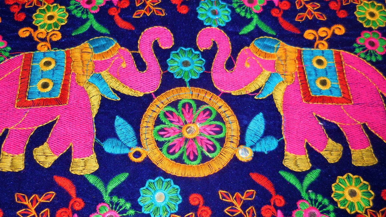 Pipli Applique two dancing elephants traditional folk art work handmade design on cloth Orissa India 