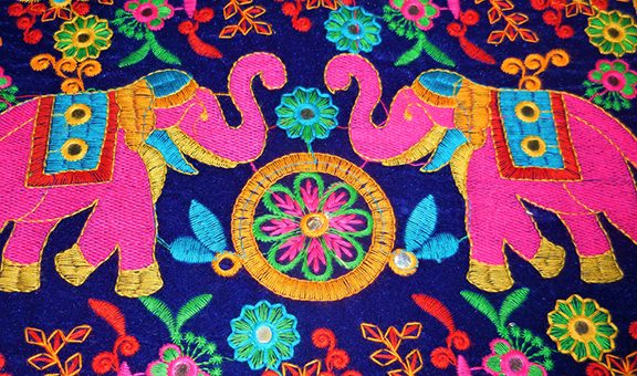 Pipli Applique two dancing elephants traditional folk art work handmade design on cloth Orissa India 