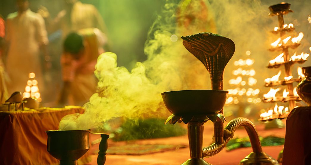 Ganga aarti ceremony rituals were performed by Hindu priests at Dashashwamedh Ghat and Assi Ghat in Varanasi Uttar Pradesh India; Shutterstock ID 2091592285; purchase_order: -; job: -; client: -; other: -