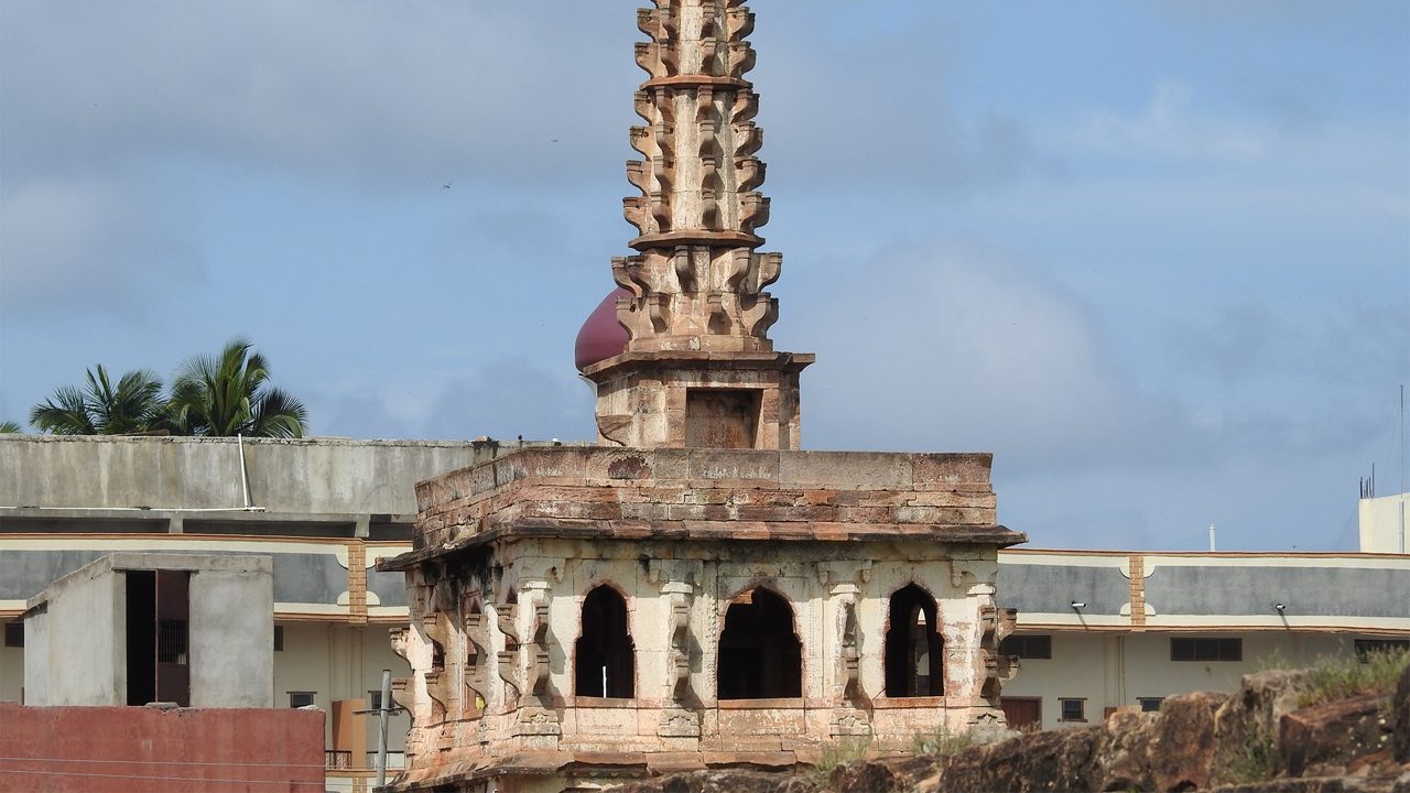 Ancient Lamp tower “Dweepa Sthambhas” at Banashankari temple on the west bank of the pond - Banshankari Haridra Tirtha. It is located in Badami, Karnataka State, India.