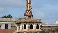 Ancient Lamp tower “Dweepa Sthambhas” at Banashankari temple on the west bank of the pond - Banshankari Haridra Tirtha. It is located in Badami, Karnataka State, India.