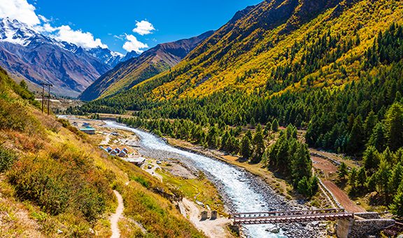 Serene Landscape of Baspa river valley near Chitkul village in Kinnaur district of Himachal Pradesh, India. It is the last inhabited village near the Indo-China border.