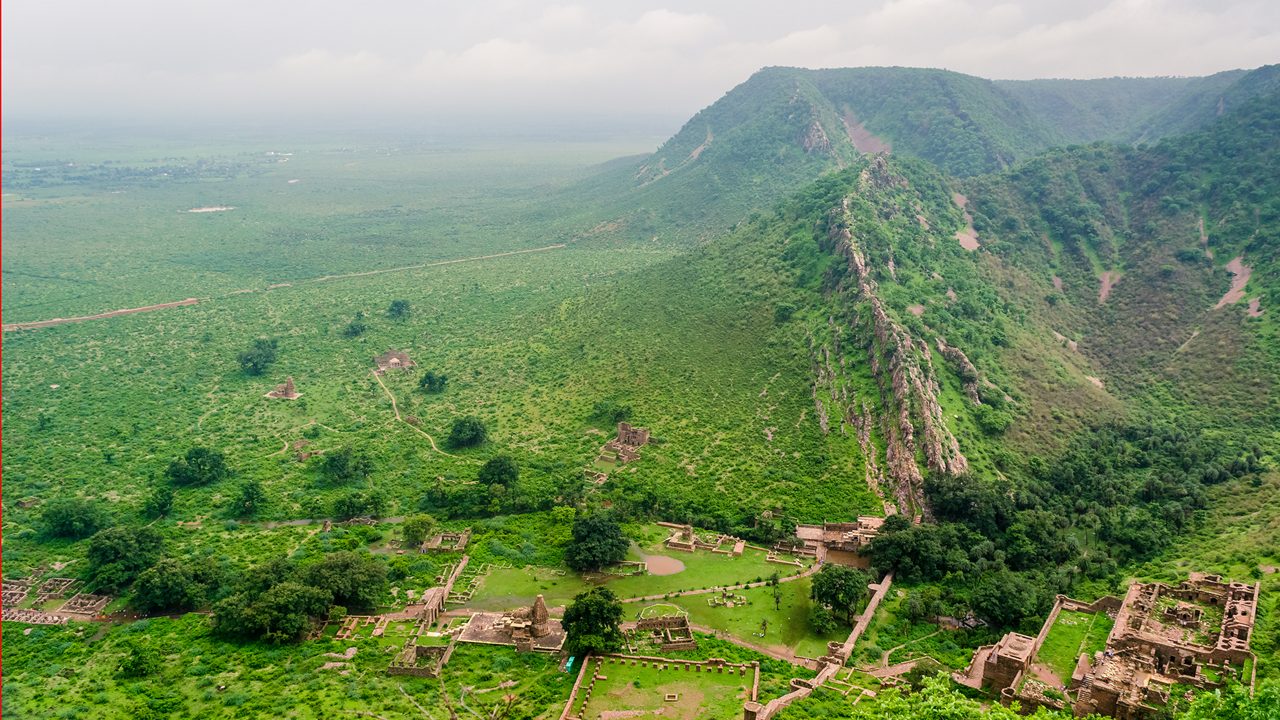 Aerial view of ruins of Bhangarh fort, Alwar, Rajasthan, India