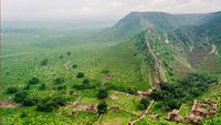 Aerial view of ruins of Bhangarh fort, Alwar, Rajasthan, India