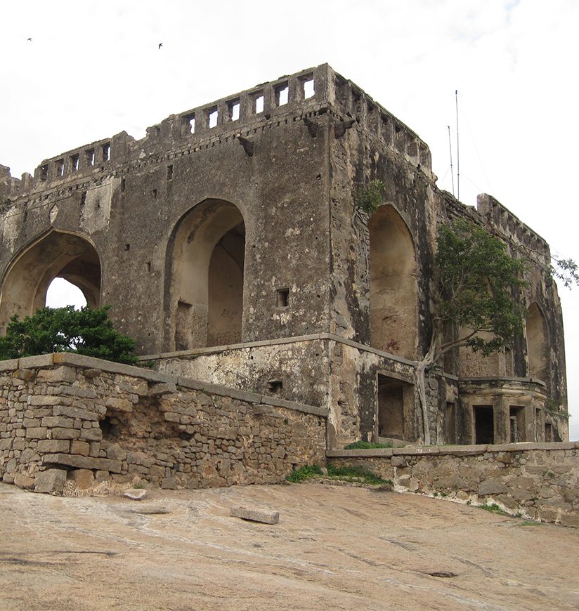 A view of the ruins of the buildings inside Bhongir fort