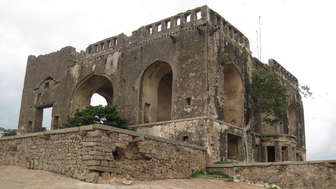 A view of the ruins of the buildings inside Bhongir fort