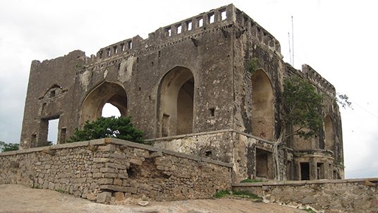 A view of the ruins of the buildings inside Bhongir fort